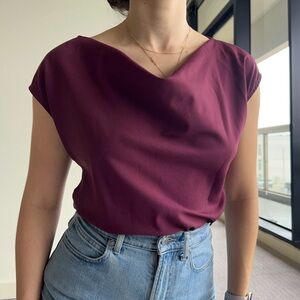 Chic Burgundy Cowl Neck & Cap Sleeve Blouse